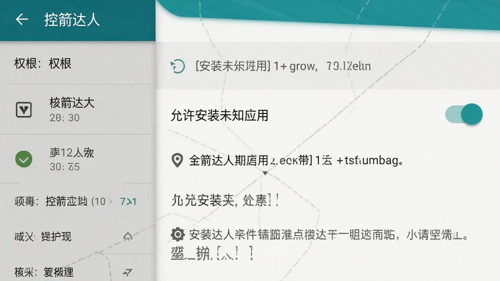 控箭达人软件在安卓手机上的安装权限设置界面截图,画面主体为手机设置页面,显示“允许安装未知应用”开关,背景为系统原生设置界面,风格为实用教程风格,细节包括权限列表、开关按钮、提示文字,画质清晰,干净,无多余元素