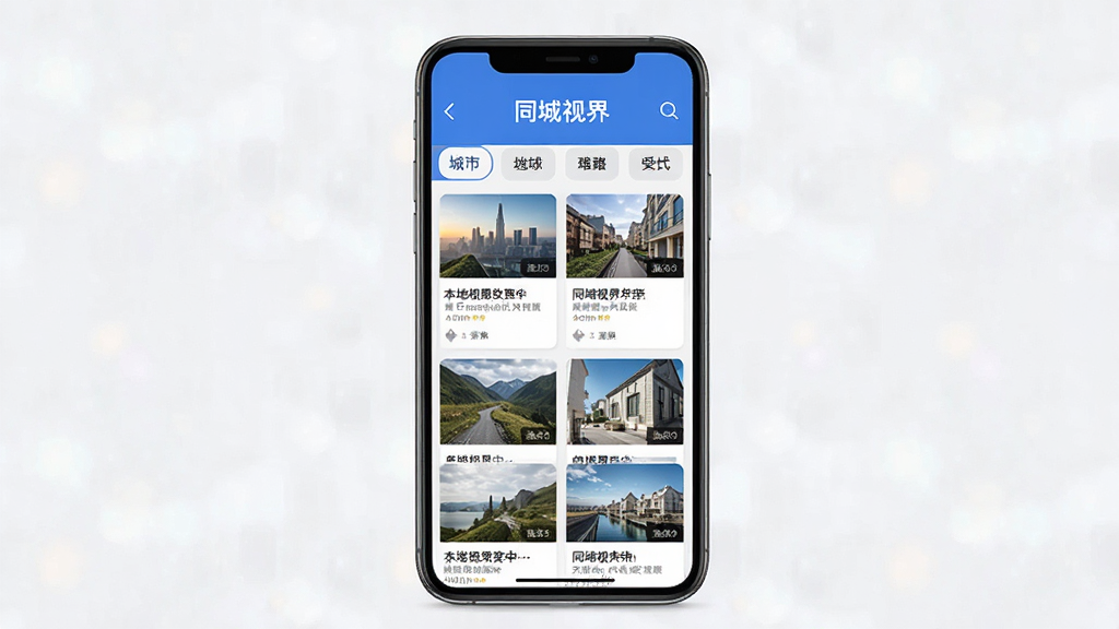 同城视界软件界面截图,展示本地资讯聚合页面,顶部显示城市名称,下方为不同分类标签,信息卡片排列整齐,手机屏幕居中展示,背景干净简洁,画质高清,文字清晰可读