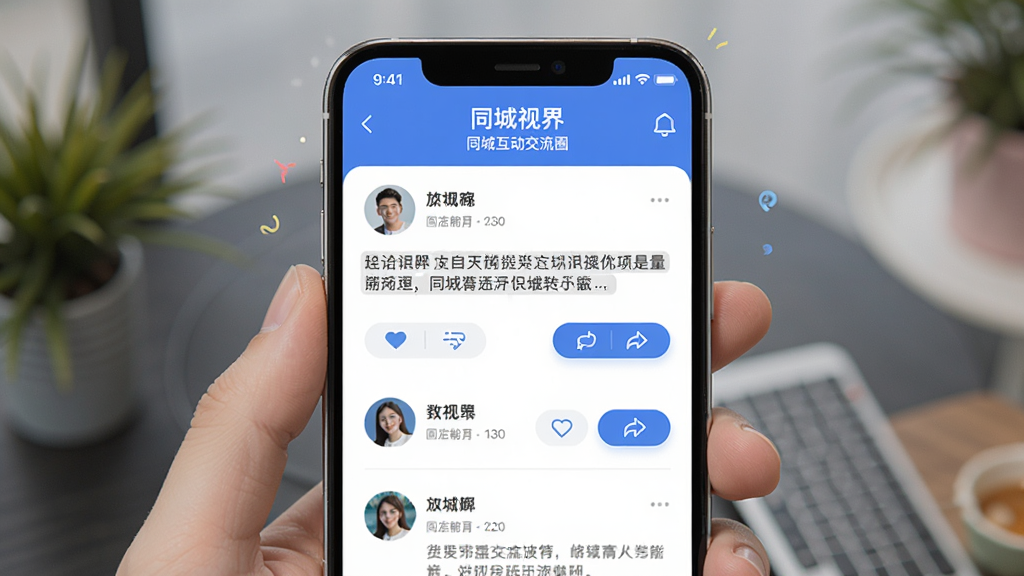 同城视界同城互动交流圈界面,用户发布动态列表,包含头像、昵称、文字内容与互动按钮,页面氛围活跃,手机屏幕展示,布局清晰,现代社交应用风格,画质干净,无多余元素
