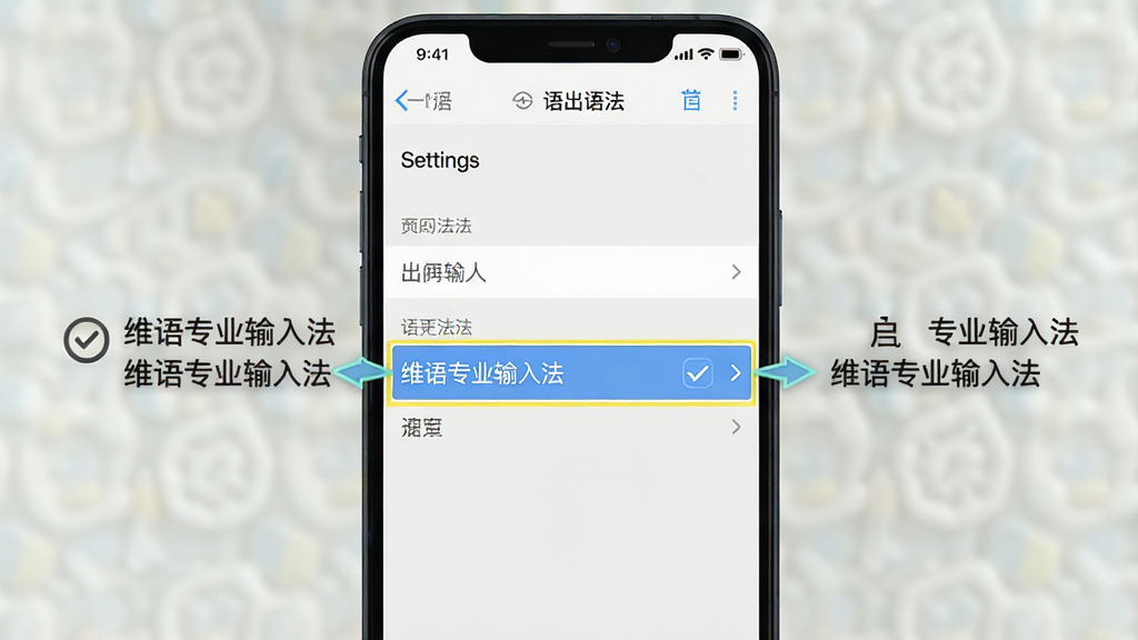 一张展示维语专业输入法在手机设置中启用步骤的示意图,主体为手机屏幕截图,屏幕内显示语言和输入法设置页面,布局从上到下依次为设置项,排版清晰,风格为教程类截图,细节包括高亮标注“维语专业输入法”选项和勾选按钮,画质高清,干净,无多余元素