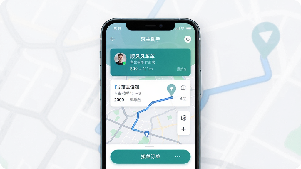 顺风车出行车主助手 手机应用主界面预览图,主体为一部智能手机屏幕展示顺风车车主端订单列表与地图导航界面,布局居中,排版简洁清晰,风格现代科技感,细节包括订单卡片、车主头像、路线轨迹与接单按钮,画质高清,干净,无多余元素