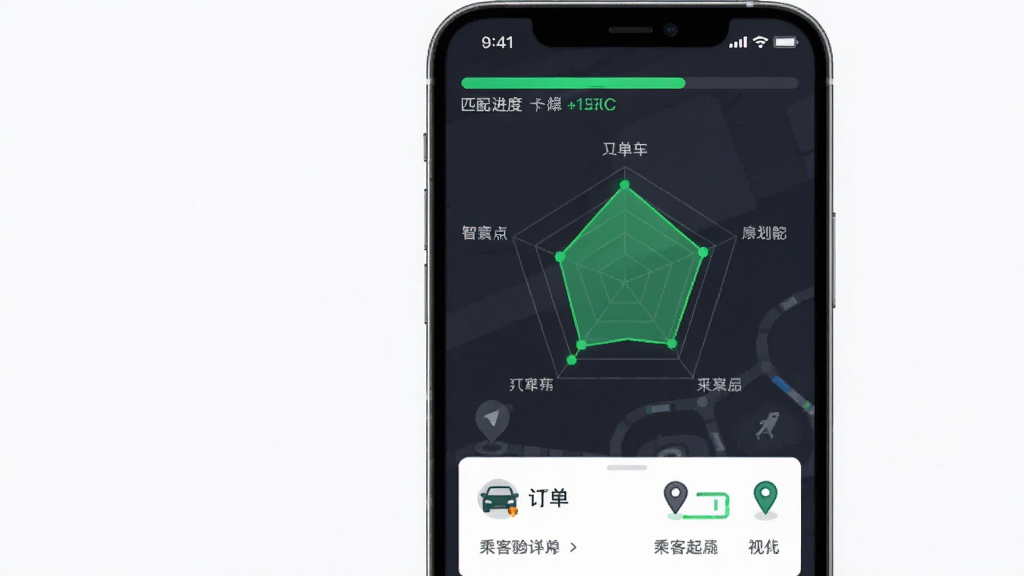 顺风车出行车主助手 智能订单匹配功能展示图,主体为手机屏幕显示订单匹配雷达图与路线规划,布局为上下结构,上方为匹配进度条,下方为订单详情卡片,风格扁平化设计,细节包括绿色匹配高亮、车主车辆图标、乘客起点终点标记,画质清晰,干净,无多余元素