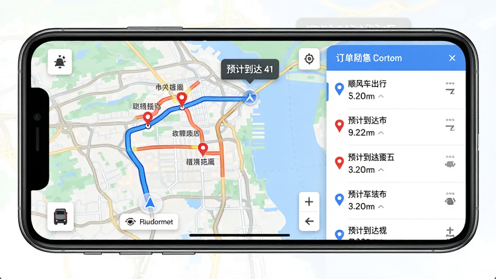 顺风车出行车主助手 行程路线规划界面图,主体为手机横屏显示地图导航与多目的地路径,布局左侧为地图主视图,右侧为订单顺序列表,风格写实导航风格,细节包括蓝色路线轨迹、拥堵红色路段标记、预计到达时间气泡,画质高清,干净,无多余元素