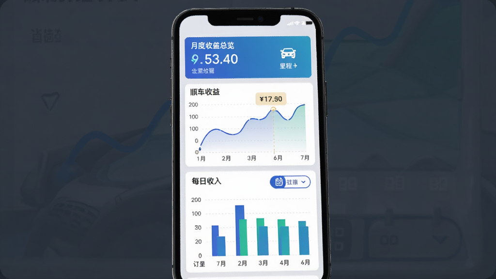 顺风车出行车主助手 收益统计管理界面图,主体为手机屏幕展示收益折线图与订单明细列表,布局上方为月度收益总览卡片,下方为每日收入柱状图,风格简约商务,细节包括金额数字高亮、里程图标、日历筛选按钮,画质清晰,干净,无多余元素