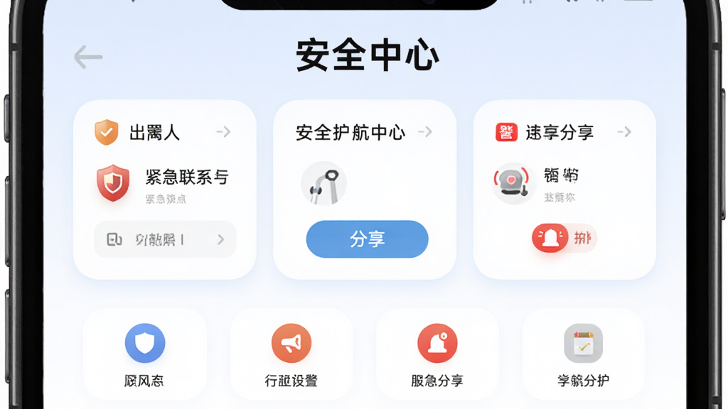 顺风车出行车主助手 安全护航中心功能图,主体为手机屏幕显示紧急联系人设置与行程分享界面,布局为卡片式排列,上方为安全中心标题,下方为功能入口图标,风格柔和圆角设计,细节包括盾牌图标、分享按钮、报警红色标识,画质高清,干净,无多余元素