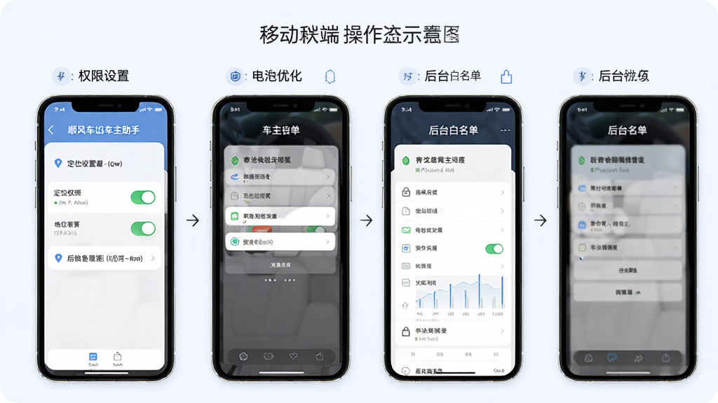 顺风车出行车主助手 移动端操作教程示意图,主体为手机屏幕展示权限设置与后台白名单界面,布局为分步截图排列,风格清新浅色,细节包括定位权限开关、电池优化选项、后台锁定图标,画质清晰,干净,无多余元素
