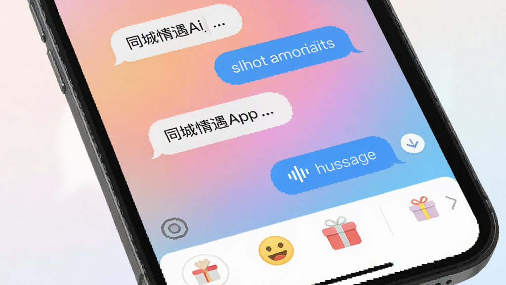 同城情遇APP聊天界面展示,手机屏幕中显示文字气泡与语音消息,界面底部有表情和礼物图标,背景为柔和渐变色调,风格简约现代,细节丰富,画质干净,无多余元素
