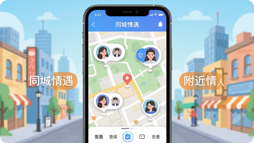 同城情遇APP附近的人功能界面,手机屏幕显示地图与用户头像气泡,周围环绕同城情遇文字标识,背景为城市街区插画风格,布局清晰,色彩明亮,画质干净,无多余元素