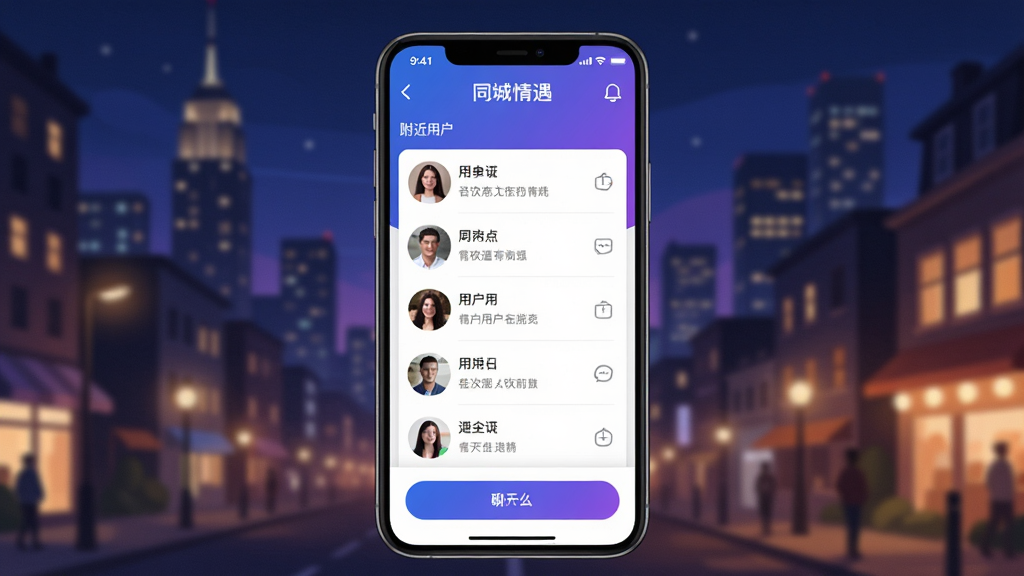 同城情遇APP主界面截图,画面中央展示手机屏幕中同城情遇的附近用户列表与聊天入口,背景为城市夜景与温暖灯光,采用扁平化UI风格,色彩以蓝紫渐变为主,细节清晰,画质干净,无多余元素