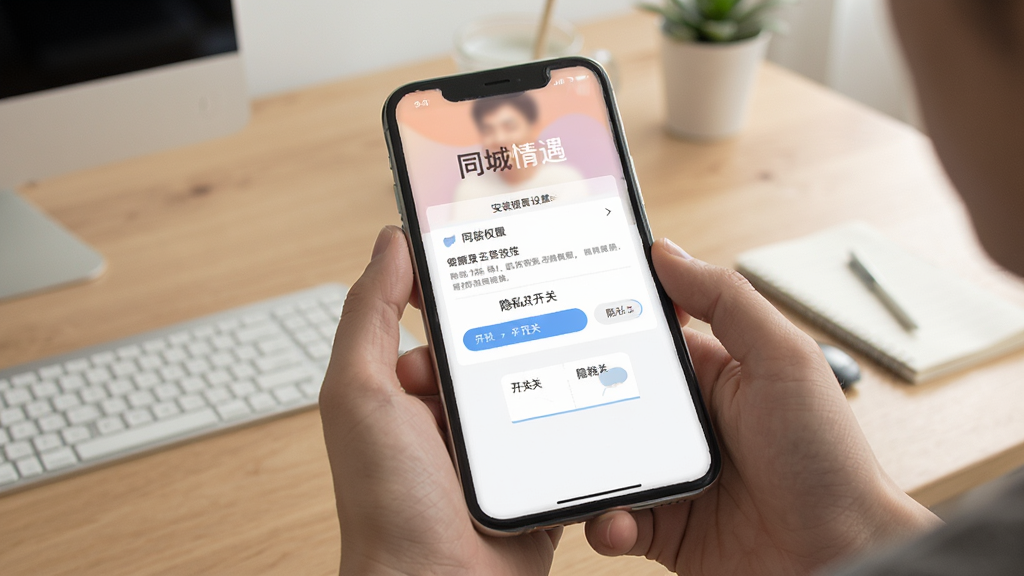 同城情遇APP使用教程示意图,手机屏幕展示安装权限设置与隐私开关,背景为桌面与手持手机场景,风格写实简洁,画质干净,无多余元素