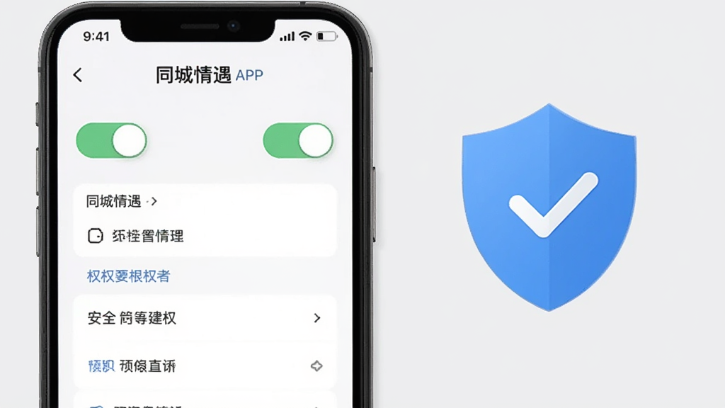 同城情遇APP隐私设置页面示意图,手机屏幕显示开关按钮与权限列表,旁边有盾牌图标象征安全,背景为浅灰色极简风格,布局整洁,画质干净,无多余元素