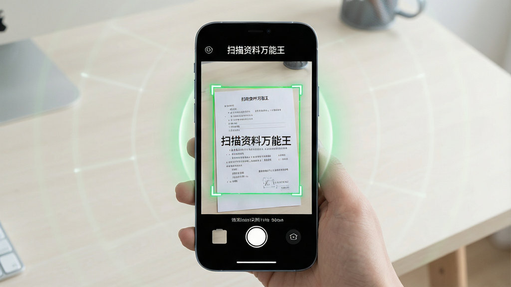 一张展示智能边缘识别功能的图片,画面中央是一部手机正在拍摄一份纸质文件,手机屏幕中显示“扫描资料万能王”的自动裁剪识别框,文件边缘被绿色线条精准框选,周围有淡淡的光效突出智能识别过程,背景为简洁的浅色桌面,整体风格科技感与实用感结合,细节锐利,画质高清,干净无多余元素