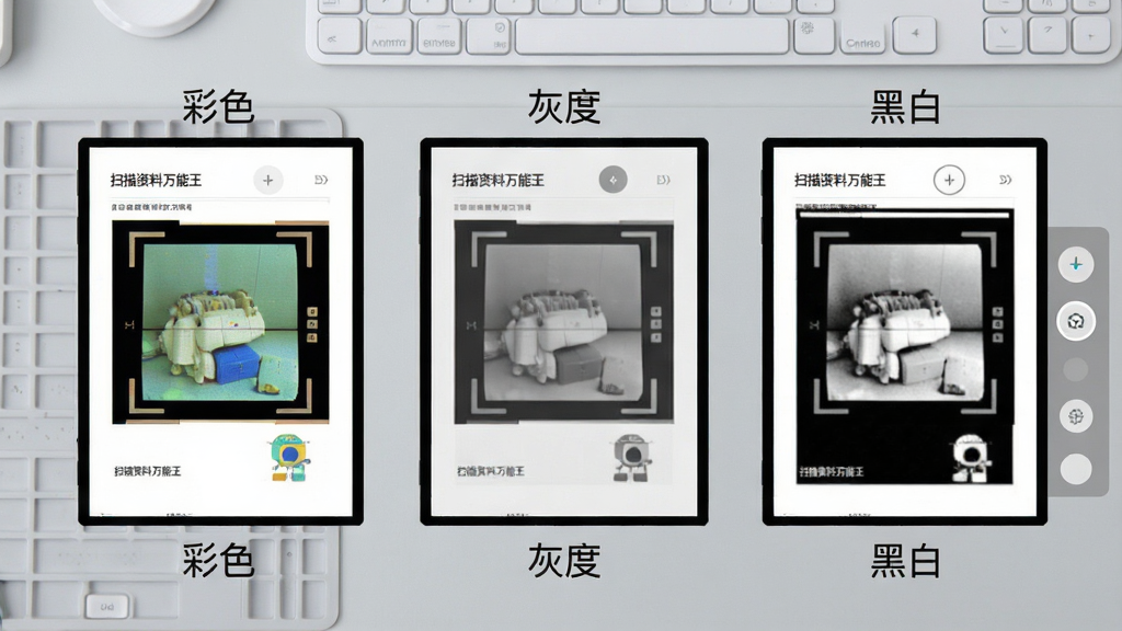 一张展示多模式扫描效果的图片,画面中并排显示三张扫描后的文档效果图,分别标注“彩色”“灰度”“黑白”,每张文档都清晰可辨,手机界面显示“扫描资料万能王”的模式切换按钮,背景为浅灰色工作台,整体排版整齐,风格清爽,画质高清,干净无多余元素