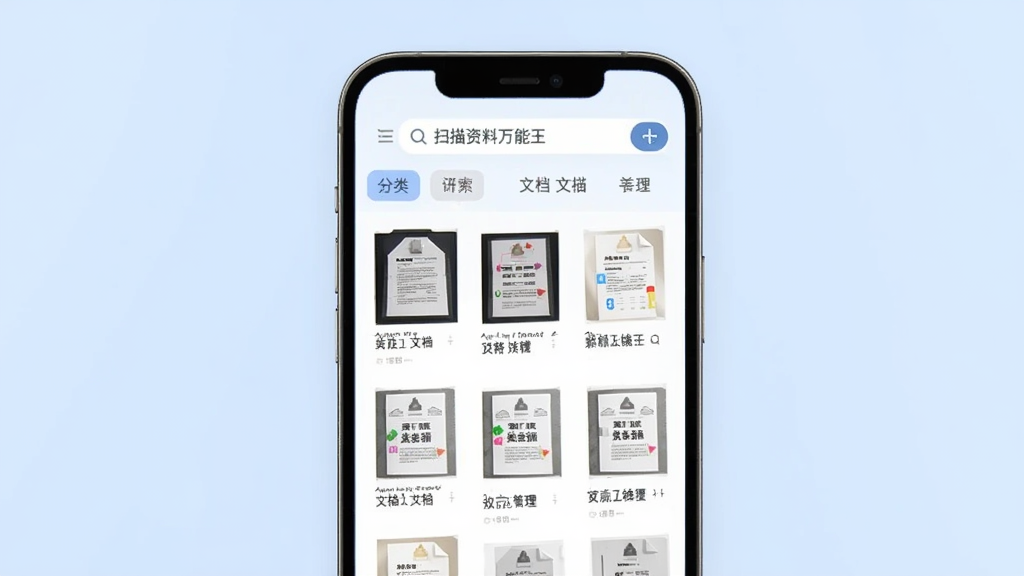 一张展示文档管理界面的图片,画面中是一部手机,屏幕上显示“扫描资料万能王”的文档列表页面,列表中有多份扫描文件缩略图,顶部有搜索框和分类标签,界面布局清晰,背景为柔和的浅蓝色,整体风格简约现代,画质高清,干净无多余元素
