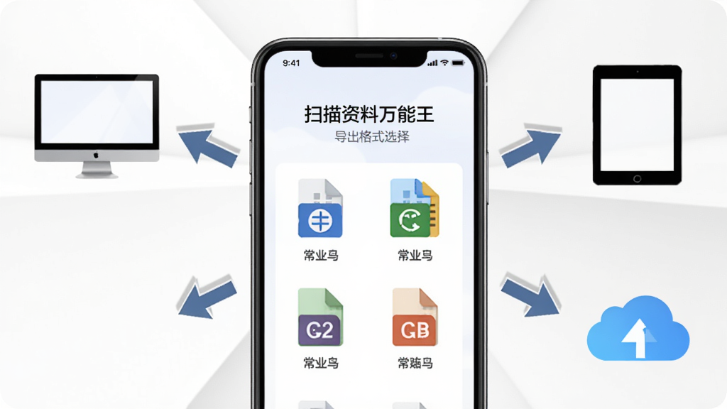 一张展示文件导出与分享功能的图片,画面中央是一部手机,屏幕上显示“扫描资料万能王”的导出格式选择界面,选项包括常见文档格式图标,手机周围有分享箭头指向电脑、平板和云盘图标,背景为干净的白色空间,整体风格简洁明快,画质高清,无多余元素