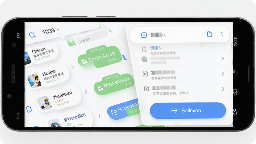 客忧讲手机应用界面展示,主体为一部安卓手机,屏幕上显示聊天对话列表与快捷回复面板,布局简洁清晰,排版采用上下结构,风格为现代扁平化科技风,细节包含圆角图标、柔和阴影、蓝色主色调按钮,画质高清,画面干净,无多余元素