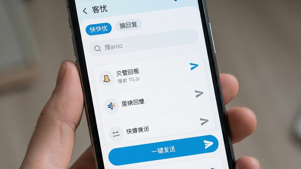 客忧讲快捷回复功能界面,主体为手机屏幕特写,展示快捷回复模板列表与一键发送按钮,布局为纵向列表,排版整齐,风格为清新简约风,细节包含分类标签、搜索框、发送图标,画质清晰,画面干净,无多余元素