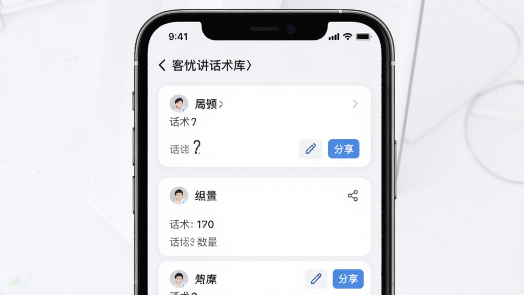 客忧讲话术库管理界面,主体为手机应用中的话术分组列表,布局为卡片式排列,排版清晰,风格为商务简约风,细节包含分组名称、话术数量统计、编辑与分享按钮,画质高清,画面干净,无多余元素