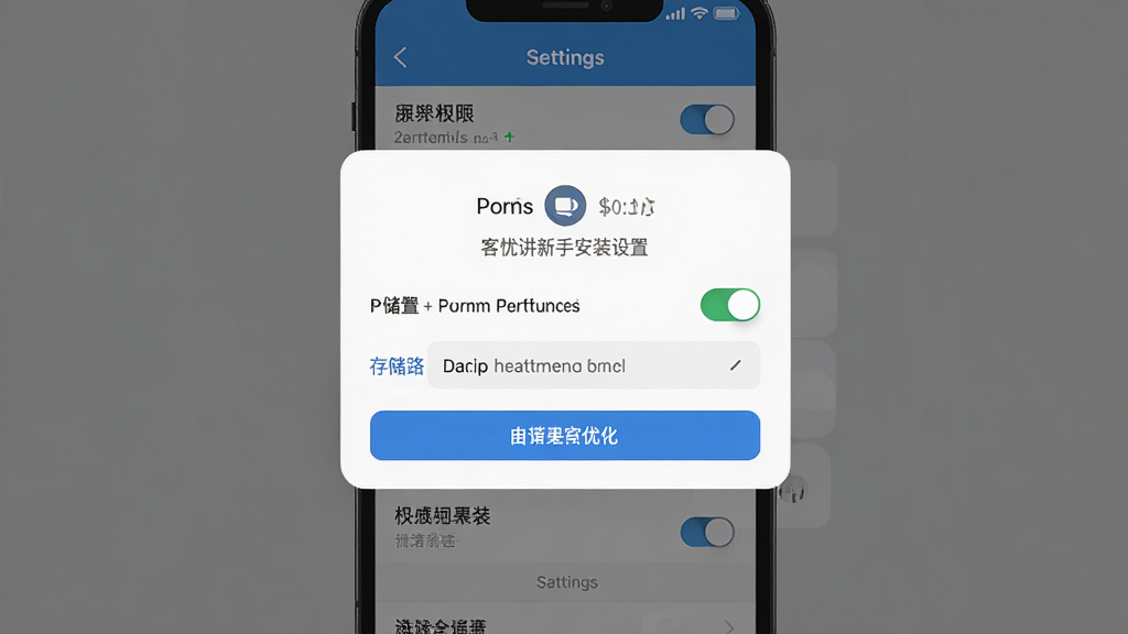 客忧讲新手安装设置界面,主体为手机屏幕显示权限授予弹窗与设置选项,布局为居中弹窗,排版清晰,风格为扁平化设计,细节包含权限开关、存储路径选择、电池优化按钮,画质高清,画面干净,无多余元素