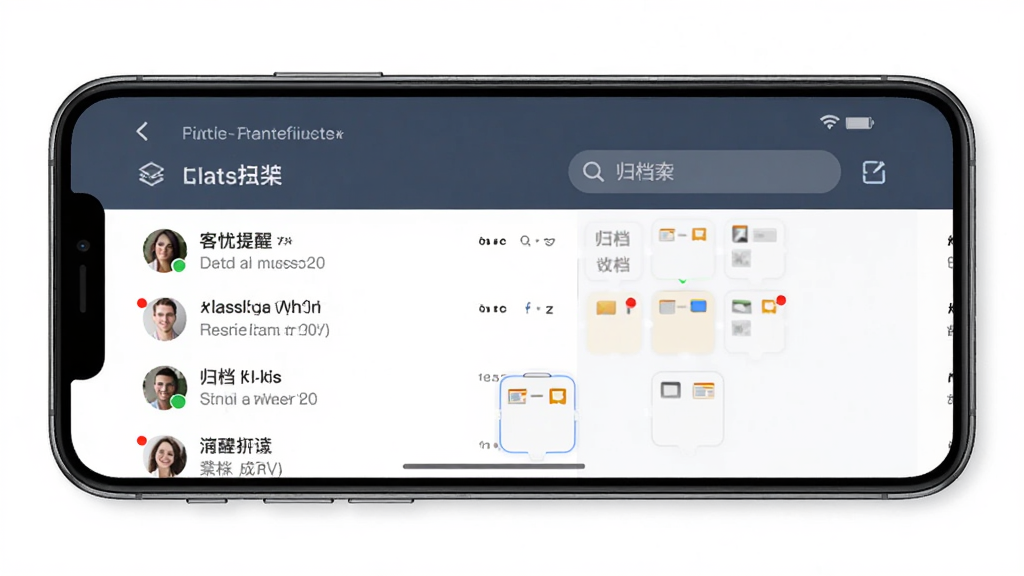 客忧讲消息提醒与归档界面,主体为手机屏幕显示会话列表与归档文件夹,布局为上下分层,排版规整,风格为现代商务风,细节包含未读红点、归档图标、搜索栏,画质清晰,画面干净,无多余元素