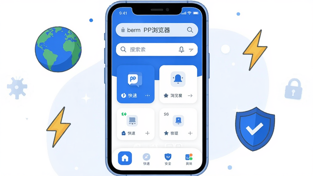 整体画面以一部智能手机为中心,屏幕中显示「PP浏览器」的主界面,顶部有地址栏与搜索框,中间是简洁的导航卡片,底部为功能按钮;布局采用居中对称方式,手机两侧漂浮着地球、闪电、盾牌等象征快速与安全的图标;排版干净利落,风格为现代科技感扁平插画;细节上手机边框圆润,界面配色以蓝白为主,图标线条清晰;画质高清,画面干净,无多余元素