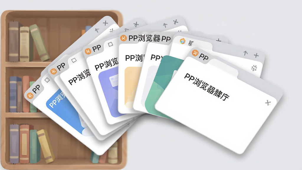 画面展示一个整洁的虚拟书架与多个网页卡片悬浮排列,每张卡片代表「PP浏览器」中的一个标签页,卡片上有关闭按钮与标题文字;布局为扇形展开,排版层次分明,风格为清新扁平化设计;细节上卡片边缘有柔和阴影,背景为浅灰色;画质高清,画面干净,无多余元素
