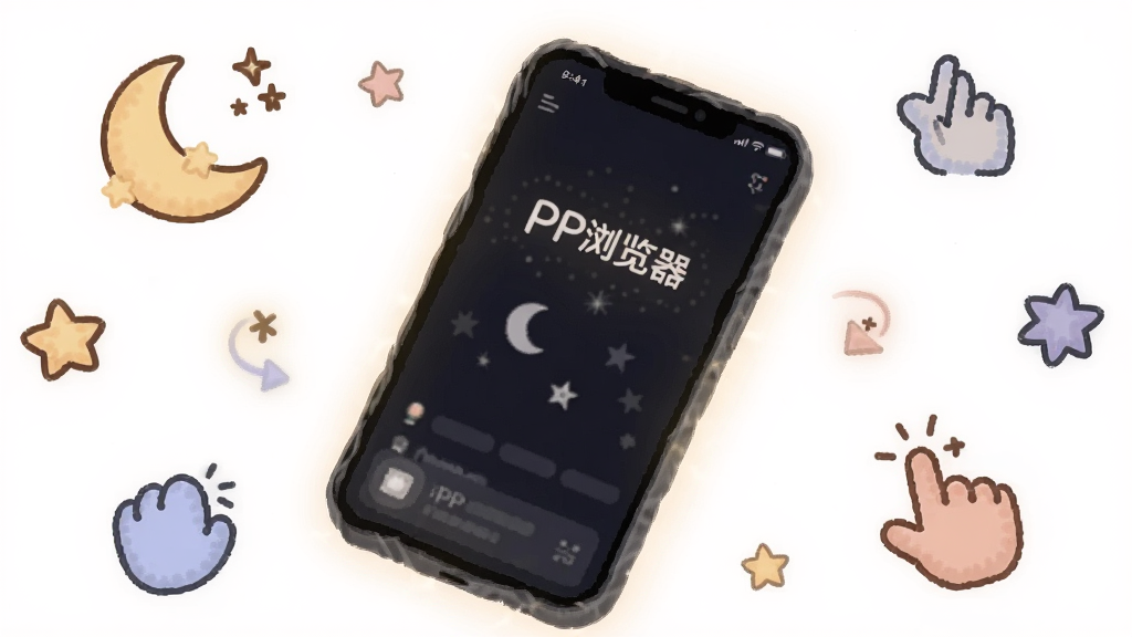 画面中心是一部手机,屏幕显示「PP浏览器」的夜间模式界面,深色背景搭配柔和文字,手机周围环绕着月亮、星星、手势箭头等图标;布局为环绕式构图,排版轻松活泼,风格为温馨插画风;细节上手机屏幕有轻微光晕,图标颜色柔和;画质干净,无多余元素