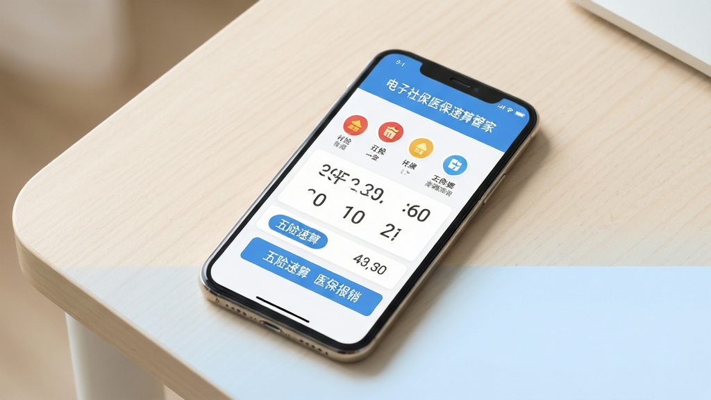 主体为一部智能手机放置在浅色桌面上,屏幕显示社保医保计算界面包含五险一金图标与数字;布局为居中构图,手机略微倾斜;排版为上方留白,下方有淡蓝色渐变背景;风格为简洁商务扁平化;细节为界面中文字显示