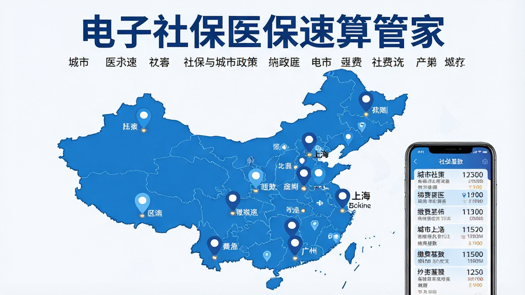 主体为中国地图轮廓上分布多个城市定位图标,旁边有手机屏幕显示不同城市社保政策对比;布局为地图居中,手机位于右下角;排版为上方标题