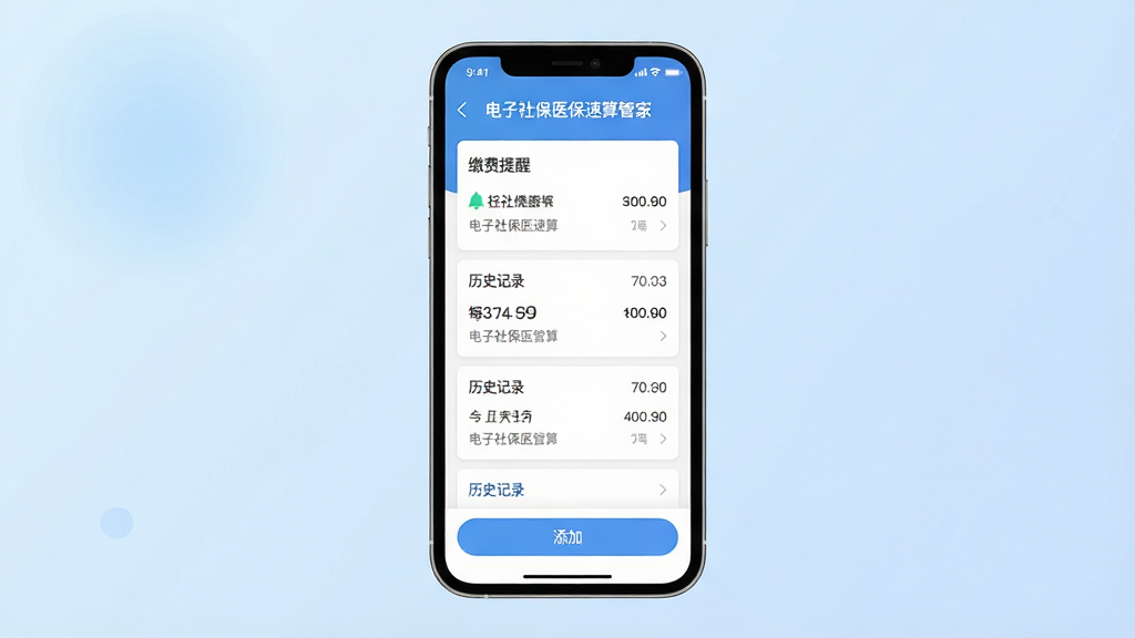 主体为手机屏幕显示社保缴费记录列表与提醒设置界面;布局为手机正面居中,背景为浅蓝色渐变;排版为顶部状态栏,中间为记录卡片,底部为添加按钮;风格为清新扁平化;细节为界面中文字显示