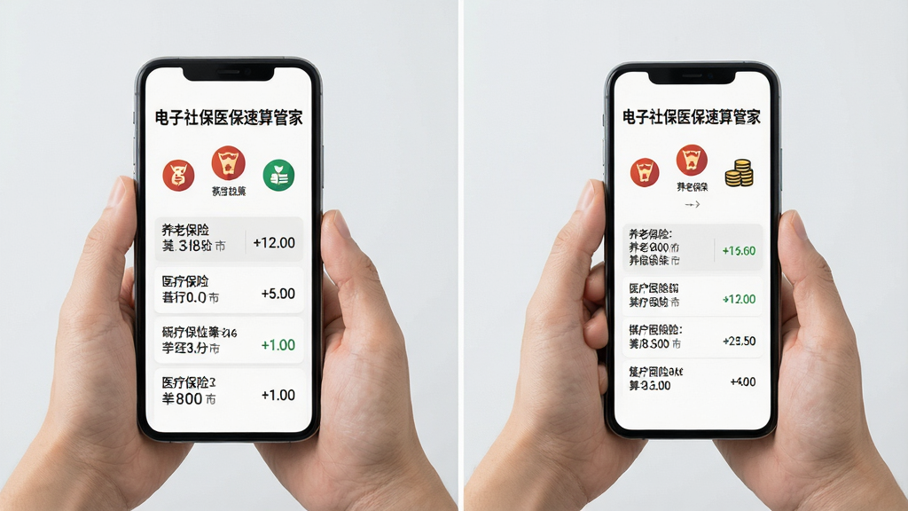 主体为一双人手握手机查看社保计算结果页面;布局为左右分栏,左侧手机屏幕突出五险图标与金额数字;排版为顶部标题