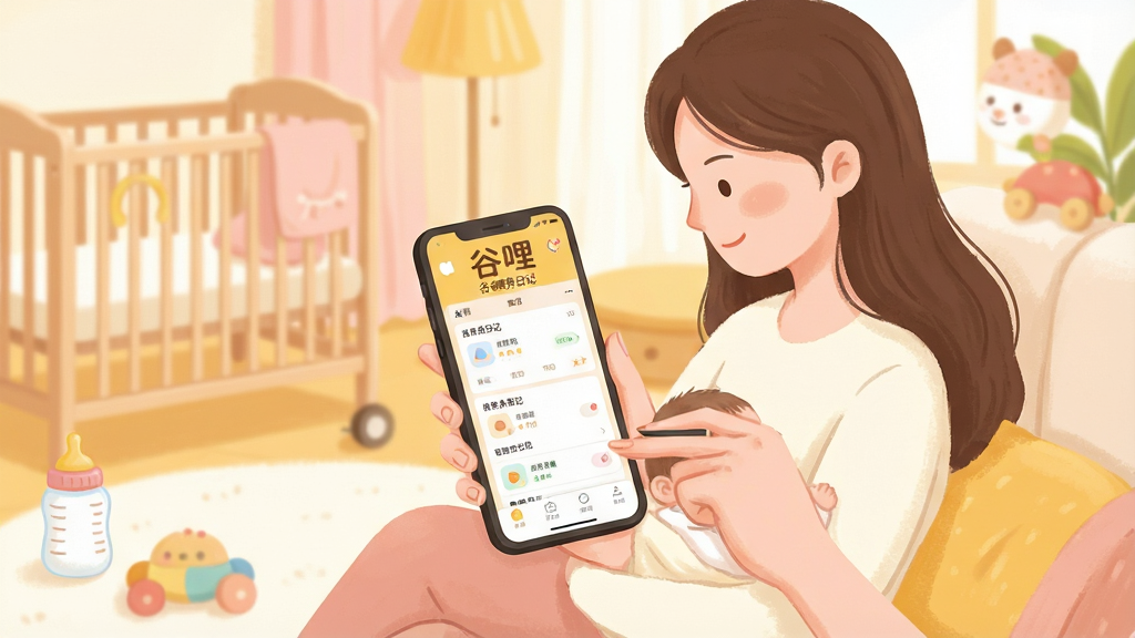 一张温馨的育儿场景插画,画面中央是一位年轻妈妈坐在沙发上抱着婴儿,另一只手拿着手机正在使用谷哩喂养日记APP记录喂养数据,手机屏幕显示简洁的喂养记录界面。周围环境是明亮温暖的客厅,有婴儿床、奶瓶、玩具等元素。整体风格柔和治愈,色彩以暖黄、浅粉、米白为主。画质清晰干净,无多余杂乱元素,构图居中,突出手机屏幕上的软件名称“谷哩喂养日记”字样。