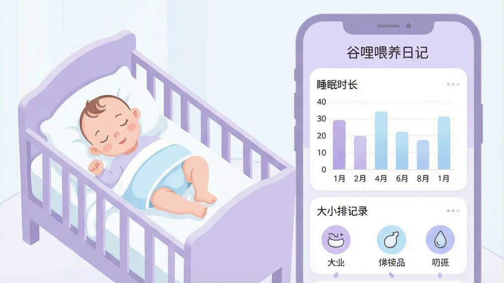 一张信息图表风格的插画,展示谷哩喂养日记APP的睡眠与排泄统计界面。画面左侧是婴儿安睡在婴儿床上的插画,右侧是手机屏幕显示睡眠时长柱状图和大小便记录图标。整体风格清新简约,色彩以浅紫、淡蓝、白色为主,图表线条柔和。画质干净,无多余元素,屏幕上方清晰标注“谷哩喂养日记”字样。