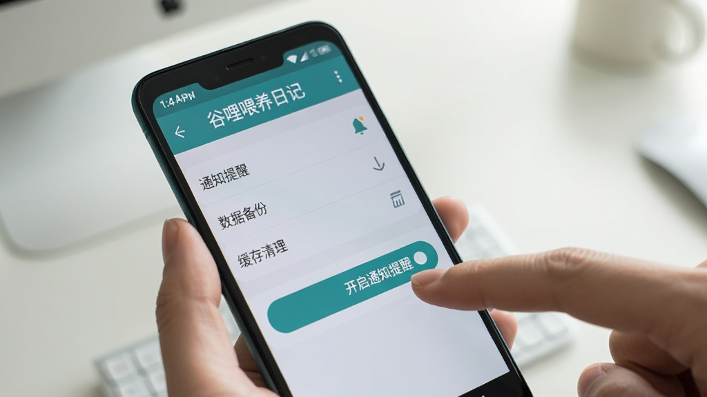 一部安卓手机屏幕显示谷哩喂养日记APP的设置页面,页面中有“通知提醒”“数据备份”“缓存清理”等选项,旁边有手指正在点击“开启通知提醒”按钮。背景是简洁的桌面环境,光线柔和。画面风格写实清晰,手机屏幕上的“谷哩喂养日记”字样和设置项清晰可见,无多余杂乱元素。