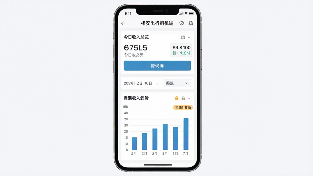 相安出行司机端收入统计页面展示图,画面主体为手机屏幕,屏幕内显示“相安出行司机端”收入明细表格与柱状图,布局为上下结构,上方为今日收入总览,下方为近期收入趋势图,风格为清新简约的商务风,细节包含收入数字、提现按钮、日期筛选器、奖励标签等元素,画质高清,画面干净,无多余元素