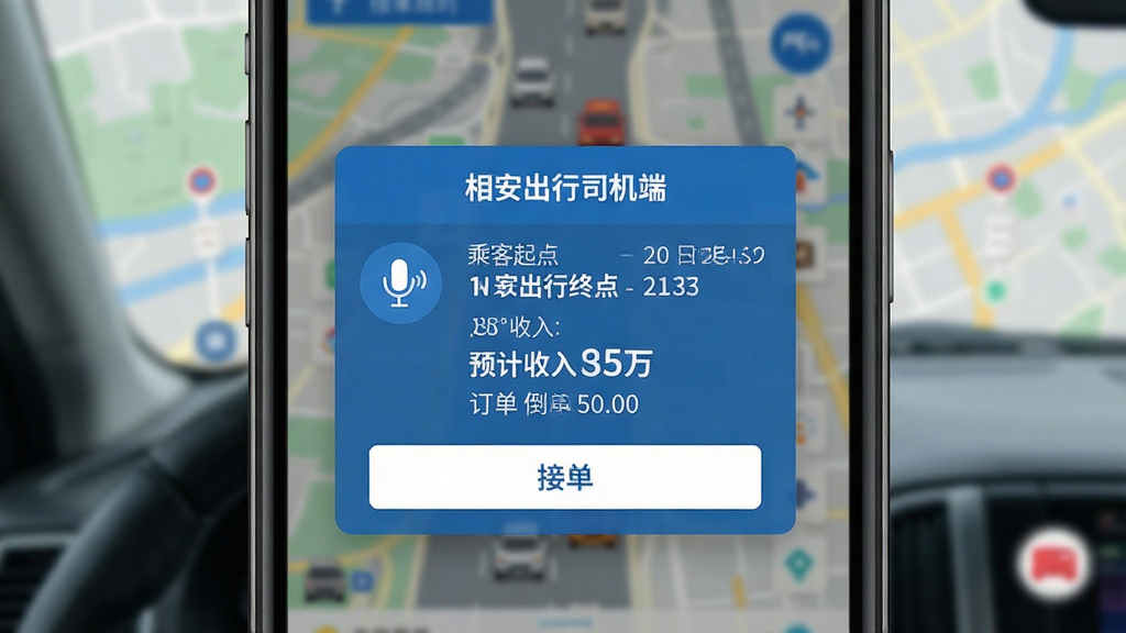 相安出行司机端订单推送功能展示图,画面主体为手机屏幕特写,屏幕中显示一个醒目的新订单弹窗,弹窗内包含“相安出行司机端”字样、乘客起点终点信息、预计收入金额以及接单倒计时,背景为模糊的城市道路地图,布局为居中弹窗排版,风格为科技感扁平化设计,细节包含语音播报图标、接单按钮、订单距离显示,画质清晰,画面干净,无多余元素