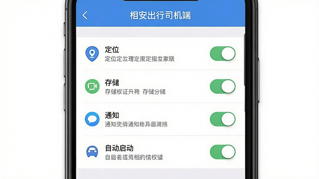 相安出行司机端手机权限设置界面示意图,画面主体为手机屏幕,屏幕内展示“相安出行司机端”的权限管理页面,布局为列表式排版,包含定位、存储、通知、自启动等权限开关,风格为简洁明了的系统设置界面,细节包含权限图标、开关按钮、文字说明,画质清晰,画面干净,无多余元素