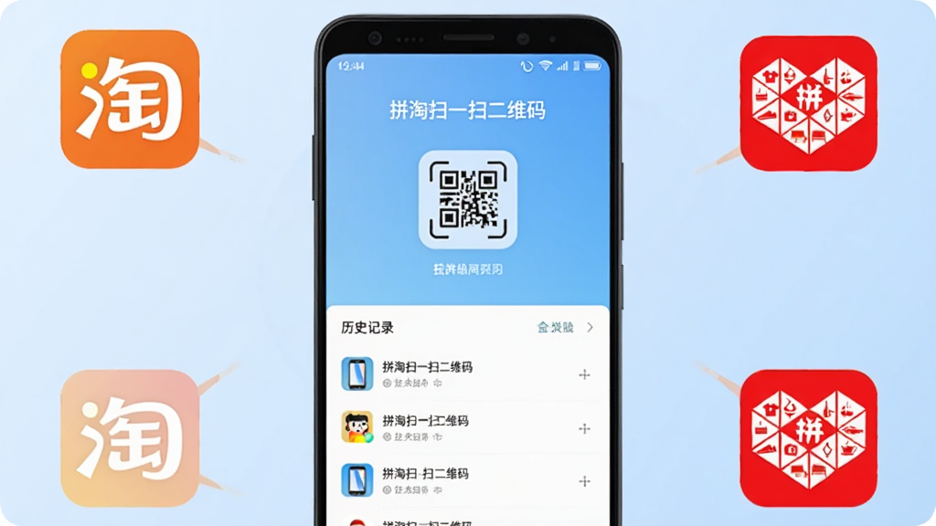 主图展示一部安卓手机屏幕中央显示“拼淘扫一扫二维码”软件的主界面,界面简洁,上方是扫码按钮,下方是历史记录列表,背景是柔和的浅蓝色渐变,手机周围环绕着淘宝和拼多多的图标元素,整体风格扁平化,画质清晰,干净无多余元素。