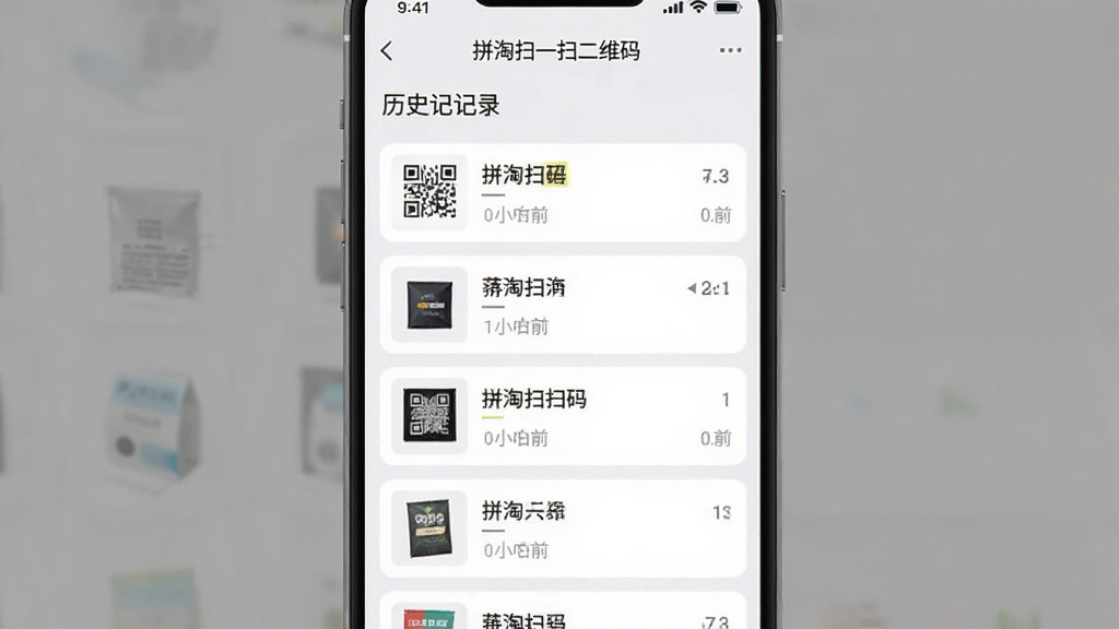 一张展示“拼淘扫一扫二维码”软件历史记录页面的界面图,手机屏幕内显示多条扫码记录,每条记录包含商品缩略图、名称、时间,界面配色为浅灰色与白色搭配,风格素雅极简,画质清晰,干净无多余元素。