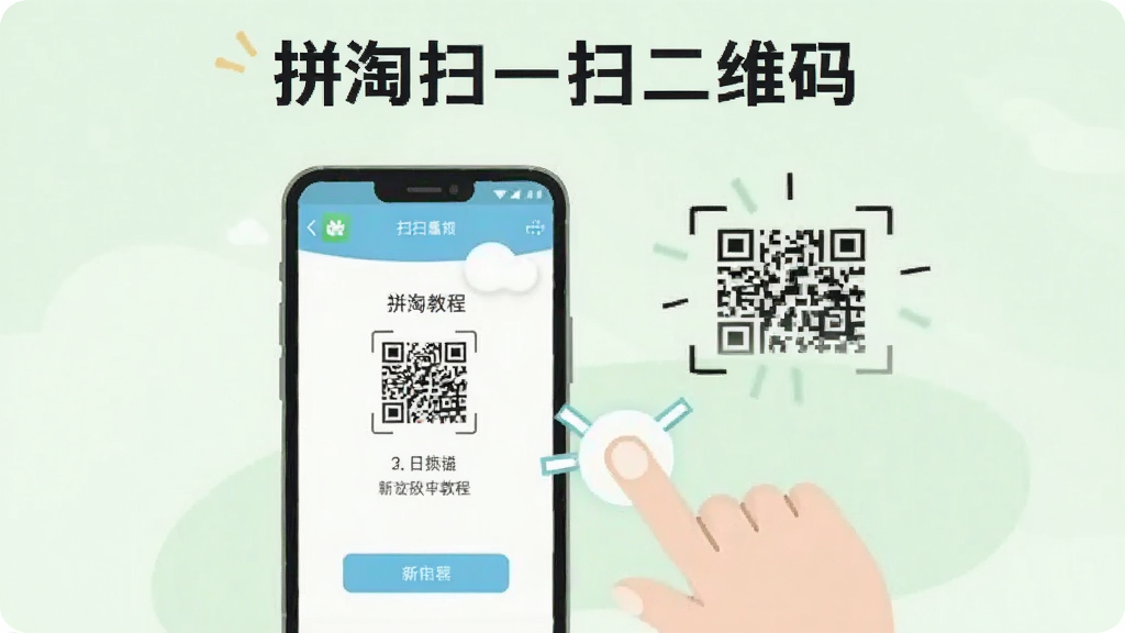 一张以“拼淘扫一扫二维码”新手教程为主题的插图,画面中一部手机屏幕显示软件的操作步骤界面,旁边有手指点击的动画示意,背景是干净的浅绿色,风格清新浅色,画质清晰,无多余元素。