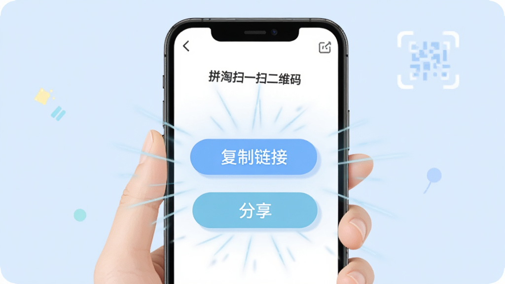 一张以“拼淘扫一扫二维码”软件功能演示为主题的插图,画面中一只手拿着手机,手机屏幕上显示“复制链接”和“分享”两个按钮,按钮周围有光效强调,背景是干净的浅蓝色,风格清新浅色,画质清晰,无多余元素。