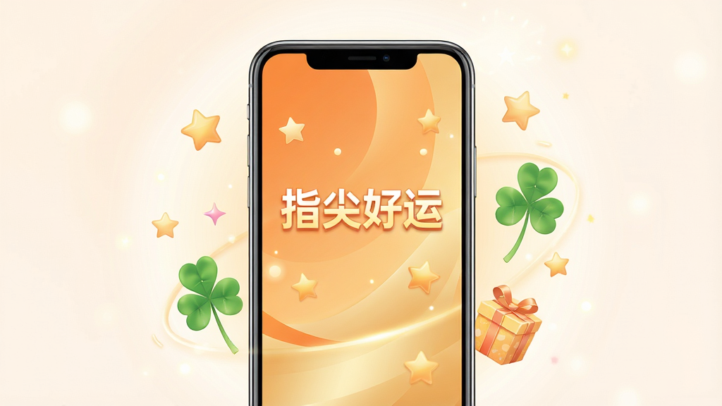 画面中央放置一部智能手机,屏幕亮起显示“指尖好运”应用主界面,界面采用暖橙色与浅金色渐变配色,周围环绕着星星、幸运草、小礼盒等轻盈装饰元素,背景为柔和的浅色光晕,整体布局居中对称,风格清新活泼,细节上手机边缘有轻微反光质感,画质清晰干净,无多余杂乱元素