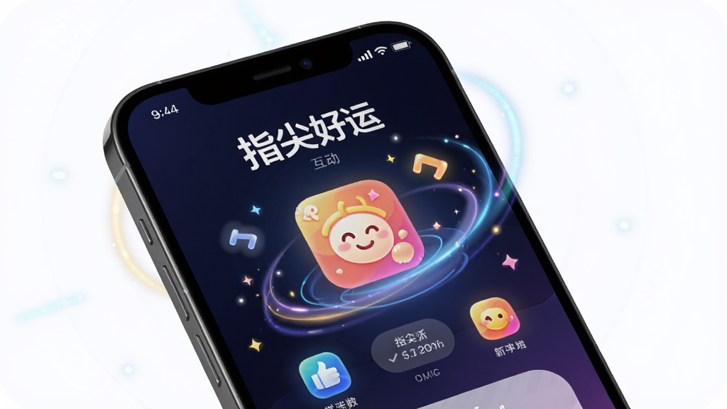 手机屏幕特写,显示“指尖好运”应用内互动界面,画面中有动态光效和愉悦的视觉反馈元素,背景为深色渐变以突出屏幕内容,手机周围有轻微的光晕扩散效果,风格科技感与轻松感结合,细节清晰,画质干净,无多余元素