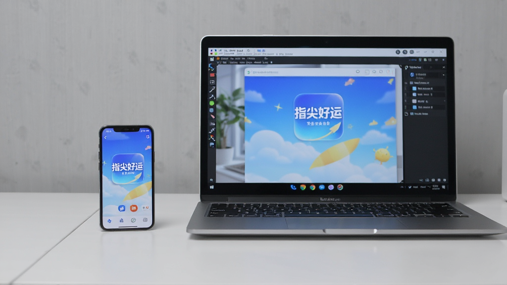 一部手机和一台笔记本电脑并排放在桌面上,手机屏幕显示“指尖好运”应用界面,电脑屏幕显示安卓模拟器运行同一应用,桌面整洁,背景为浅灰色墙面,光线均匀,风格商务简约,画质清晰,无多余装饰元素