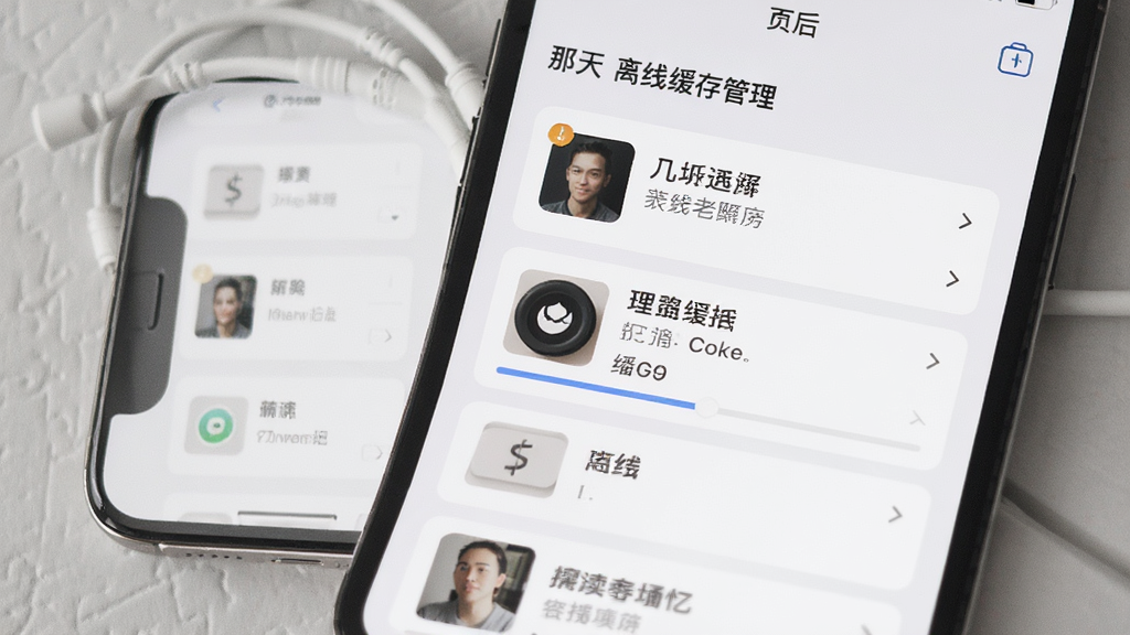 那天午后软件离线缓存管理页面,手机屏幕上显示已下载歌曲列表和缓存进度条,界面采用卡片式布局,背景为浅灰色质感,文字信息清晰,图标简洁易懂,整体风格清爽实用