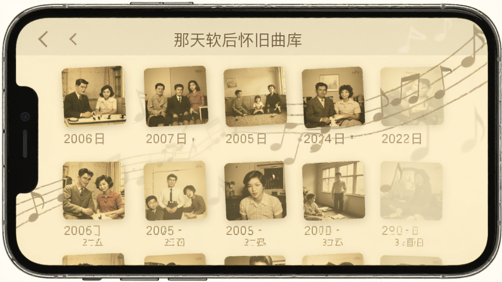 那天午后软件怀旧曲库界面展示图,手机屏幕上显示着按年代分类的歌单列表,封面是泛黄的老照片风格,背景有淡淡的音符飘动,界面风格复古温馨,文字清晰可读,整体画面干净整洁