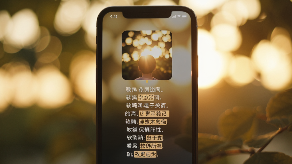 那天午后软件歌词同步播放界面,手机屏幕中央显示着歌曲封面和滚动歌词,歌词文字逐行高亮,背景是模糊的午后阳光透过树叶的光斑效果,整体色调温暖柔和,画面简洁无杂乱元素