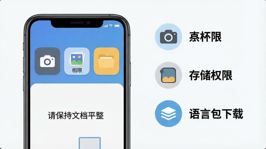 一张展示万全能扫描助手新手操作要点的图片,画面中一部手机屏幕显示软件主界面,界面上方有相机、相册、文件夹三个大按钮,下方有提示文字“请保持文档平整”,画面右侧以图标形式列出相机权限、存储权限、语言包下载等注意事项,采用简洁明快的扁平化设计风格,排版清晰,画质干净,无多余元素
