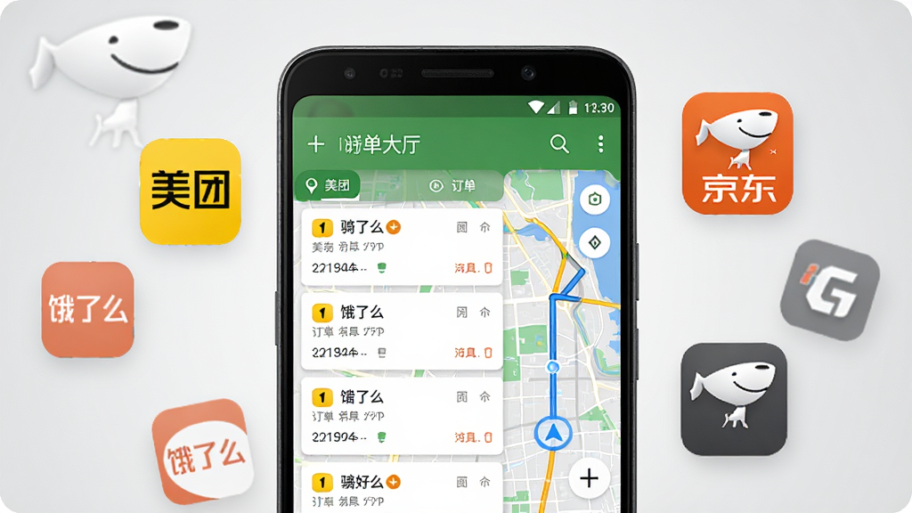 一张展示美饿京众包骑手助手软件界面的手机预览图,画面中央是一部安卓手机,屏幕上显示骑手接单大厅的订单列表和地图导航界面,手机周围环绕着美团、饿了么、京东等平台的图标元素,背景为浅灰色渐变,整体风格简洁现代,细节清晰,画质干净,无多余元素
