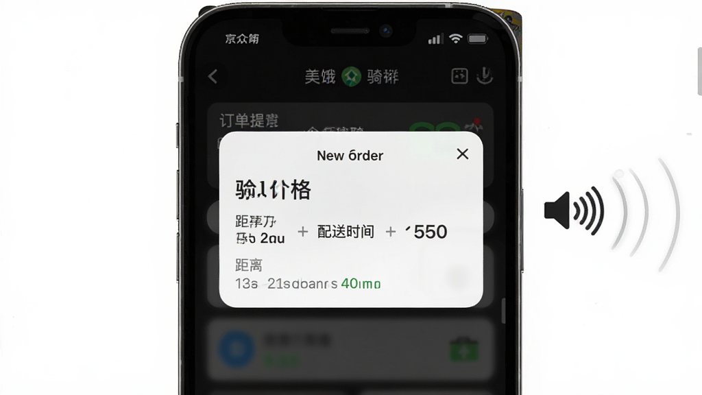 一张展示美饿京众包骑手助手订单提醒功能的界面图,画面中手机屏幕弹出新订单提醒弹窗,弹窗内有订单价格、距离、配送时间等信息,手机旁边有声音和震动图标示意,背景为深色模式,细节清晰,画质干净,无多余元素